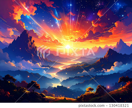 A spectacular spectacle of light as the meteor shower colors the dawn sky and illuminates the mountains and rivers 130418321