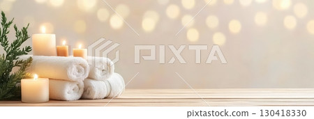 Soft, fluffy towels rolled and stacked on a wooden surface, surrounded by burning candles, create a tranquil spa ambiance with a warm bokeh background 130418330