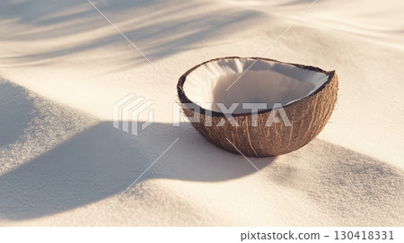 Empty coconut shell lies on a beautiful white sand beach, evoking the serene atmosphere of a tropical paradise, perfect for representing summer holidays, travel destinations, and exotic getaways 130418331