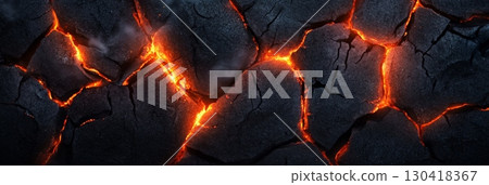 Heat and pressure are causing the ground to break apart, with glowing lava flowing through cracks, creating a dramatic and dangerous scene of geological activity 130418367