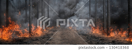 Intense flames and thick smoke fill a forest during a devastating wildfire, creating a dramatic and dangerous scene of environmental destruction 130418368