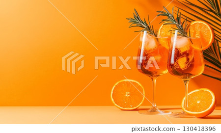 Two glasses of aperol spritz cocktails, garnished with orange slices and rosemary, resting on an orange surface with sliced oranges nearby, evoke a refreshing summer vibe 130418396