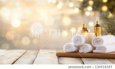 Christmas spa composition with rolled white towels, essential oils bottles, burning candle, fir tree branch on wooden table with festive bokeh lights creating relaxing holiday atmosphere 130418397