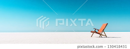 Minimalist beach scene featuring an inviting orange deck chair on pristine white sand, overlooking a tranquil turquoise ocean under a clear blue sky, evoking a sense of peaceful summer vacation 130418431