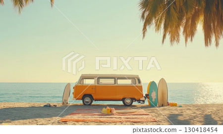 Parked on a sunny beach, a vintage camper van enjoys a tropical holiday, accompanied by surfboards, embodying the spirit of summer travel and surf adventures 130418454
