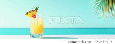Glass of exotic cocktail decorated with pineapple slice and cherry stands on white surface overlooking turquoise ocean under palm tree, creating perfect summer vacation scene 130418487