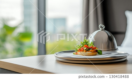 Gourmet meal served on a tray in a hotel room with a cloche covering a delicious sandwich, offering a luxurious and convenient dining experience during a summer holiday 130418488