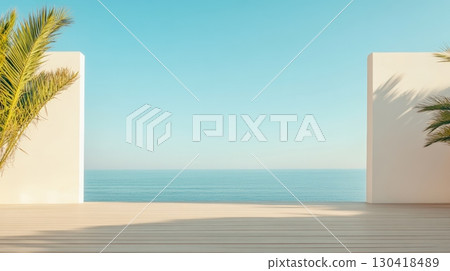 Wooden terrace featuring palm trees, overlooking a tranquil ocean under a clear sky, creating a serene and idyllic atmosphere perfect for a luxurious summer getaway Wooden terrace featuring palm trees, overlooking a tranquil ocean under a clear sky, creating a serene and idyllic atmosphere perfect for a luxurious summer getaway 130418489