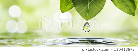 Water drop falling from a vibrant green leaf into calm water, creating expanding ripples that symbolize nature's interconnectedness and ecosystem balance 130418672
