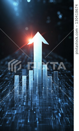 Luminous upward arrow rising above a digital landscape, symbolizing growth, success, and progress in the digital business world, with a futuristic and technological aesthetic 130418674
