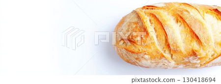 Golden brown loaf of crusty bread resting on a pristine white surface, showcasing its appetizing texture and inviting aroma, perfect for breakfast or a sandwich 130418694