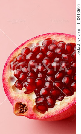 Ripe pomegranate cut in half presents its vibrant red arils, seemingly suspended in mid air against a soft pink backdrop, creating a visually appealing contrast 130418696