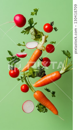 Carrots, tomatoes, radishes, broccoli, and parsley are levitating on a vibrant green background, creating a dynamic and colorful composition that emphasizes freshness and healthy eating 130418709