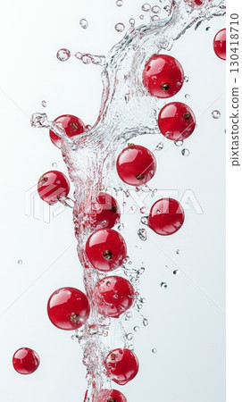 Suspended in a swirling splash of water, fresh redcurrants create a dynamic and refreshing visual against a clean white backdrop, highlighting their vibrant color and juicy appeal 130418710