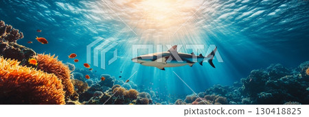 Sunlight filtering through the ocean water illuminates a shark gracefully swimming above a vibrant coral reef, creating a captivating underwater scene 130418825