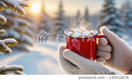 Christmas hot chocolate with marshmallows in red mug held by cozy mittens in snowy forest at sunset Christmas hot chocolate with marshmallows in red mug held by cozy mittens in snowy forest at sunset 130418876
