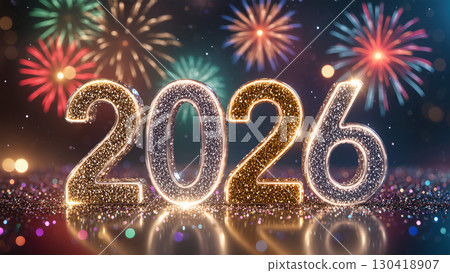 2026 New Year celebration with glowing golden numbers and colorful fireworks in the night sky. Festive and sparkling holiday background. 2026 New Year celebration with glowing golden numbers and colorful fireworks in the night sky. Festive and sparkling holiday background. 130418907