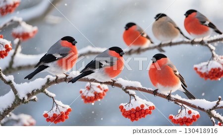 Christmas bullfinches sitting on snowy branches with red berries in winter forest, vibrant seasonal birds creating festive nature scene 130418916
