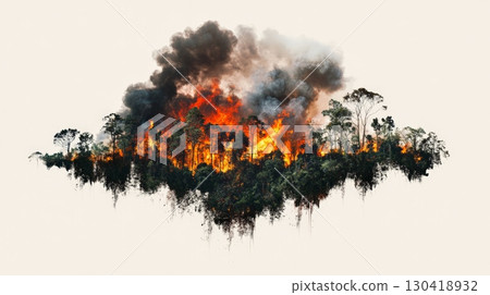 Wildfire burning trees emitting a large amount of smoke during a forest fire, representing concepts like climate change, deforestation, and environmental damage Wildfire burning trees emitting a large amount of smoke during a forest fire, representing concepts like climate change, deforestation, and environmental damage 130418932