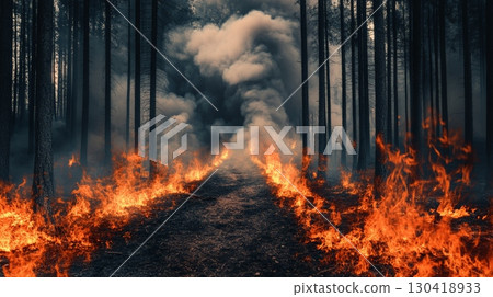 Intense flames engulfing a forest path create thick smoke, threatening the surrounding ecosystem and highlighting the destructive impact of wildfires on nature and environment 130418933