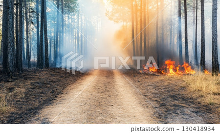 Intense flames engulfing vegetation along a dirt road create a hazardous environment, with thick smoke billowing into the air, marking a devastating forest fire scene Intense flames engulfing vegetation along a dirt road create a hazardous environment, with thick smoke billowing into the air, marking a devastating forest fire scene 130418934