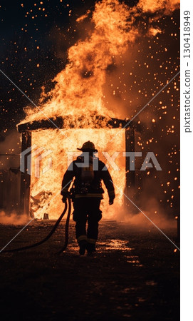 Firefighter walking away from a burning building at night, carrying a fire hose and wearing protective gear, with flames and sparks rising into the dark sky Firefighter walking away from a burning building at night, carrying a fire hose and wearing protective gear, with flames and sparks rising into the dark sky 130418949