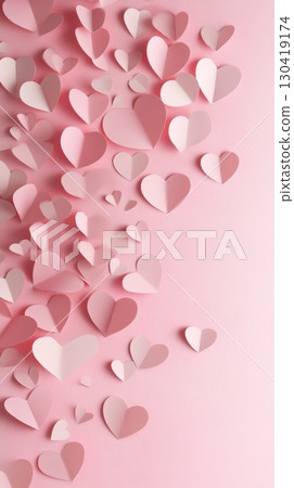 Cascading pink paper hearts of various sizes create a romantic scene against a matching backdrop, ideal for valentine's day, mother's day, or love themed celebrations 130419174