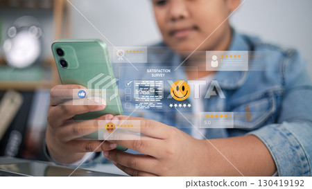 Customer Satisfaction Survey and Online Review Hologram with Star Ratings on Smartphone 130419192