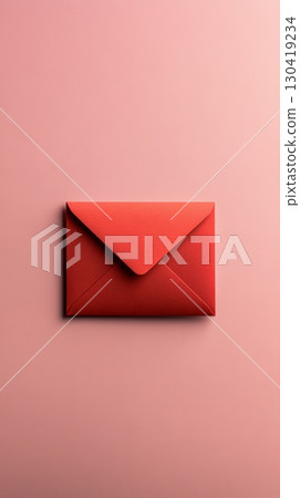 Red envelope lying on a pink background representing love, romance, valentine's day, women's day, and spring, perfect for greeting cards, invitations, or promotional materials 130419234