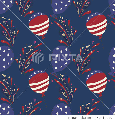 Hand drawn vector seamless pattern. Patriotic background with American flags, air baloons and fireworks. 130419249