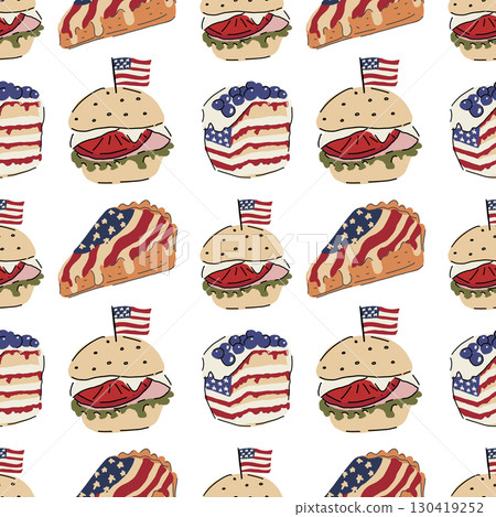 Hand drawn vector seamless pattern. Patriotic background with American flags, cakes and donuts. 130419252