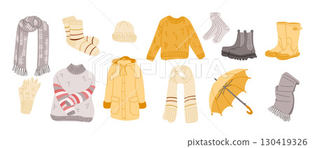 Collection of cozy fall and winter clothing items including sweaters, scarves, boots, and umbrella in hand drawn style 130419326