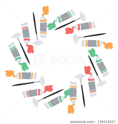 Colorful art supplies including paint tubes and brushes arranged in a circular frame in hand drawn style 130419327