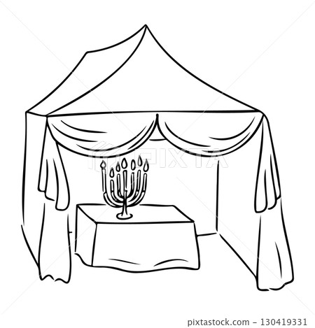 Hand drawn sukkah with draped fabric and a menorah on a table inside the structure 130419331