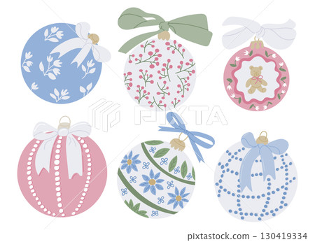 Set of pastel Christmas ornaments with floral, bead, and teddy bear decorations and tied bows Set of pastel Christmas ornaments with floral, bead, and teddy bear decorations and tied bows 130419334