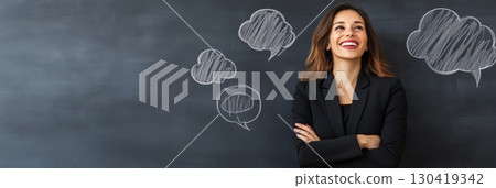 Businesswoman is smiling and looking up with her arms crossed while standing in front of a blackboard with speech bubbles drawn on it, representing her thoughts and ideas 130419342