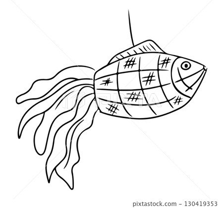 Traditional Chinese fish-shaped lantern with decorative patterns and flowing tail in hand drawn black and white style 130419353