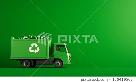 Green recycling truck carrying recyclable waste promoting environmental sustainability and responsible waste management practices on a vibrant green background 130419502