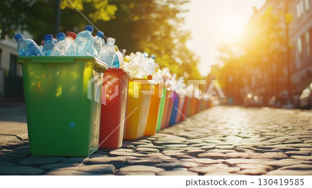 Overflowing colorful recycling bins full of plastic bottles stand on a cobblestone street, promoting environmental awareness and responsible waste management in a sunny urban setting 130419585