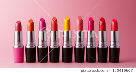 A row of ten vibrant lipsticks in various shades of pink, red, and orange, arranged against a soft pink background A row of ten vibrant lipsticks in various shades of pink, red, and orange, arranged against a soft pink background 130419607