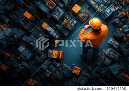 A construction worker in an orange jacket uses a phone amidst a complex, futuristic cityscape made of machinery parts 130419608