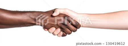 Two people of different ethnicities shake hands, signifying unity and collaboration 130419612