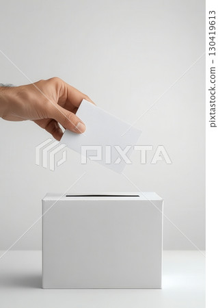 A hand inserts a blank white card into a white ballot box, symbolizing voting or anonymous submission A hand inserts a blank white card into a white ballot box, symbolizing voting or anonymous submission 130419613