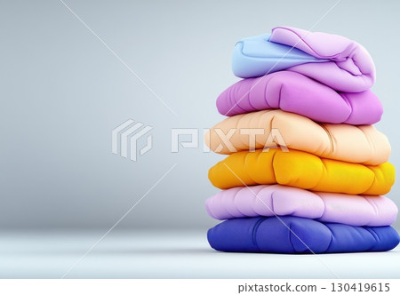 A stack of colorful puffy jackets in pastel shades, neatly folded, ready for winter A stack of colorful puffy jackets in pastel shades, neatly folded, ready for winter 130419615