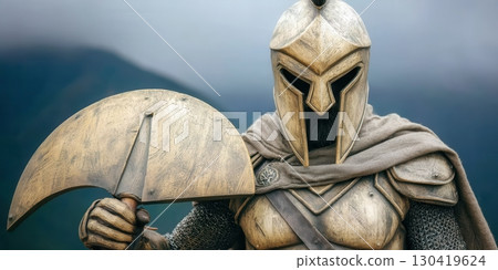 A powerful warrior, clad in aged bronze armor and helmet, holds a curved shield, standing defiantly against a misty mountain backdrop 130419624