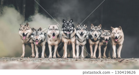 A pack of eight majestic grey wolves stands together in a mysterious forest, creating a powerful and captivating scene 130419626