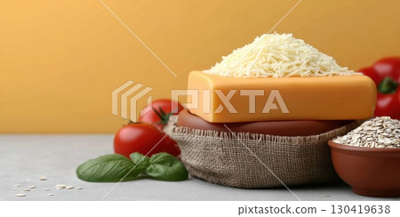 A rustic still life featuring cheddar cheese, grated cheese, oats, tomatoes, and basil, suggesting a wholesome food theme A rustic still life featuring cheddar cheese, grated cheese, oats, tomatoes, and basil, suggesting a wholesome food theme 130419638