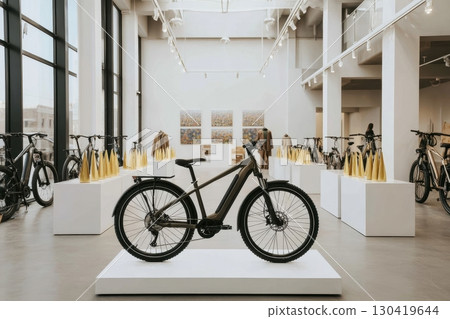 A sleek, dark-green electric bicycle is displayed in a modern art gallery setting, surrounded by other bicycles and minimalist decor 130419644