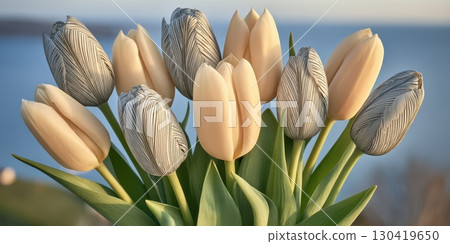 A bouquet of elegant cream and black-striped tulips, beautifully arranged, suggests springtime freshness and beauty A bouquet of elegant cream and black-striped tulips, beautifully arranged, suggests springtime freshness and beauty 130419650
