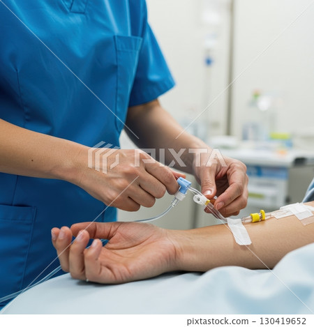A nurse carefully inserts an intravenous line into a patient's arm in a hospital setting 130419652